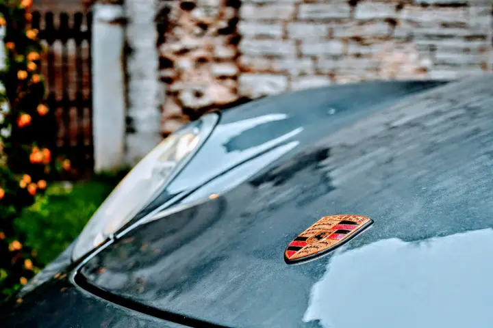 a close up of the hood of a car